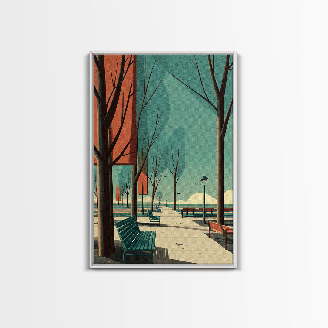 Teal Orange City Promenade Wall Art, Mid Century Modern Travel Poster, Architectural Park Print, Retro Urban Wall Decor Print