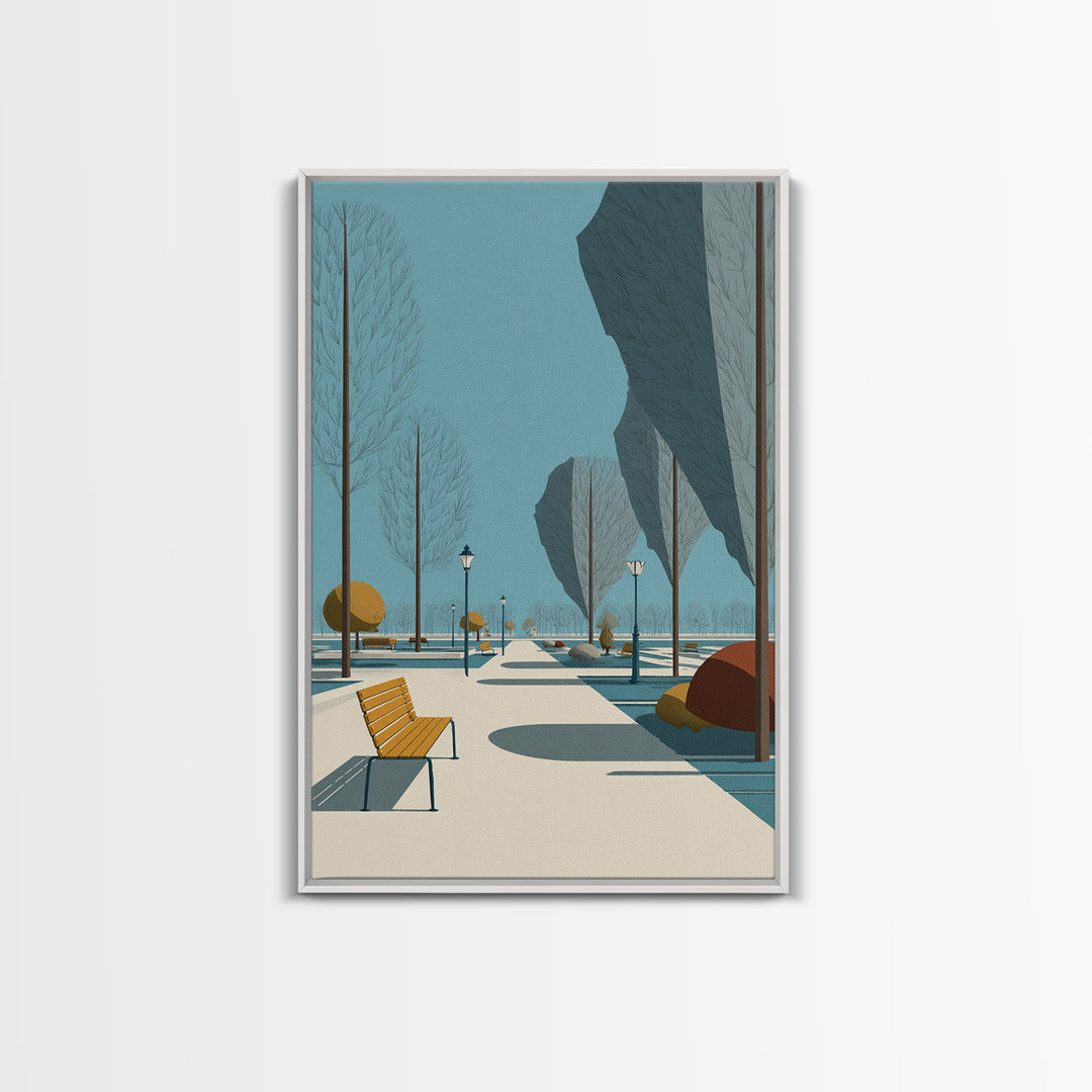Winter Park Avenue With Yellow Bench Wall Art, Mid Century Modern Landscape Print, Scandinavian Modern Office Decor Poster