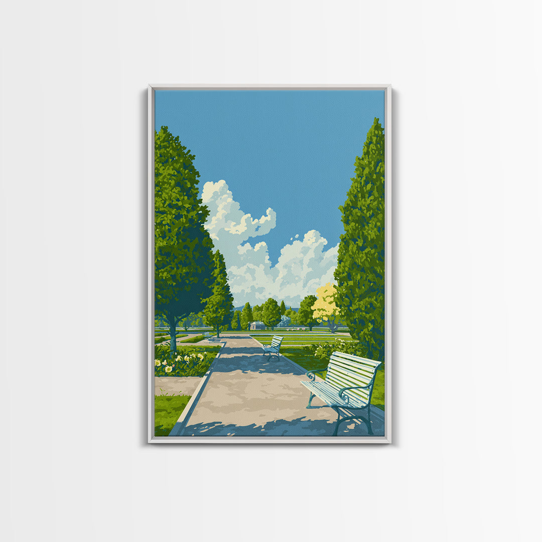 Green Formal Garden Walkway Framed Canvas Print, Mid Century Modern Nature Art, Bright Park Landscape Wall Decor For Home Office