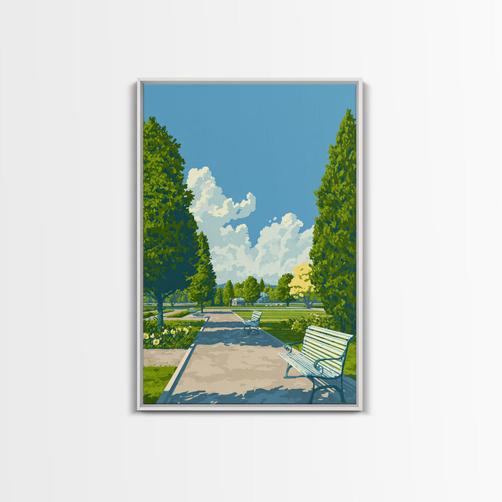 Green Formal Garden Walkway Framed Canvas Print, Mid Century Modern Nature Art, Bright Park Landscape Wall Decor For Home Office