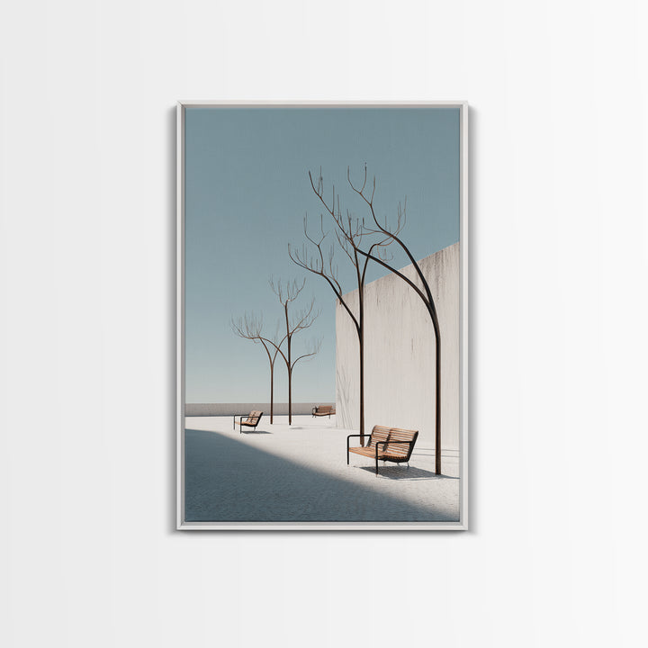 Minimal White Courtyard Benches Wall Art, Mid Century Modern Architectural Print, Scandinavian Modern Minimalist Decor Poster
