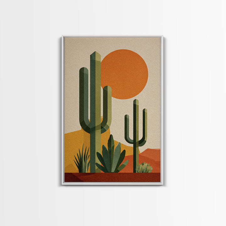 Tall Saguaro Cactus Orange Sun Wall Art, Mid Century Modern Desert Print, Southwestern Decor, Retro Botanical Poster For Home
