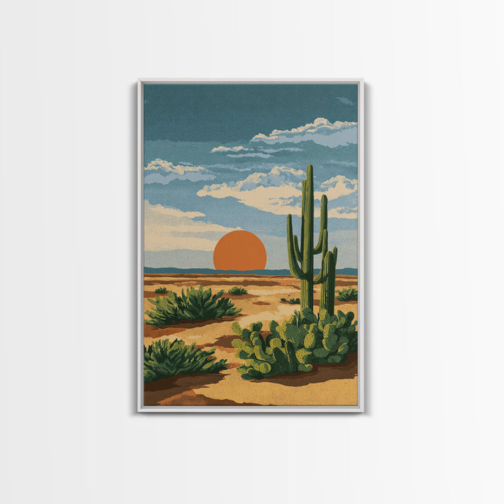 Textured Desert Cactus Sunset Canvas Print, Mid Century Modern Art, Southwestern Landscape Poster, Warm Earth Tone Decor