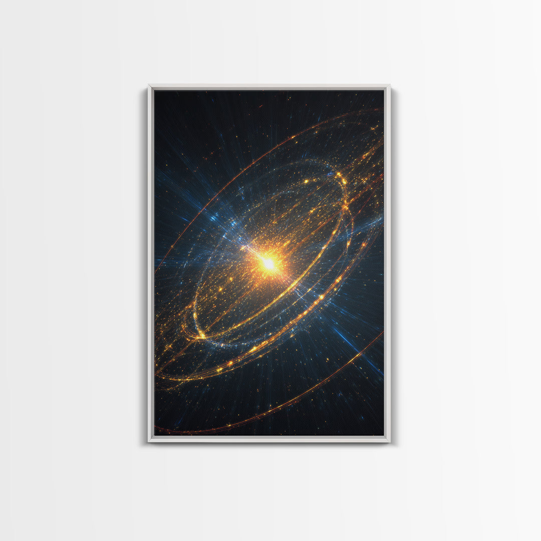 Radiant Starburst Galaxy With Golden Orbital Rings Wall Art, Cosmic Space Poster, Modern Abstract Art, Sci Fi Home Decor