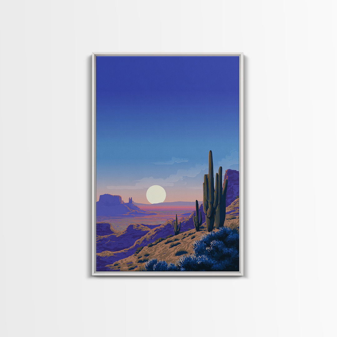Blue Canyon Desert Moon Wall Art, Mid Century Modern Landscape Print, Cactus Travel Poster, Southwestern Home Decor For Living Room