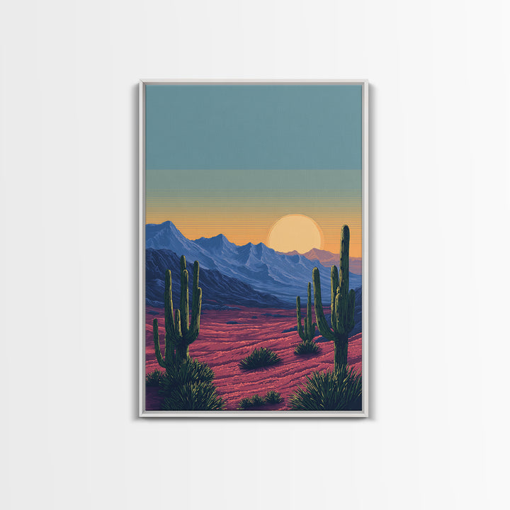 Saguaro Desert Mountains At Sunset Wall Art, Mid Century Modern Southwest Landscape, Retro Travel Poster, Colorful Home Decor