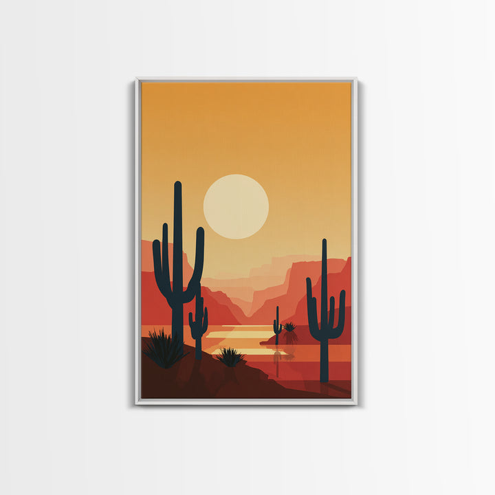 Canyon River Saguaro Sunset Canvas Print, Mid Century Modern Desert Poster, Southwestern Decor, Orange Living Room Wall Art