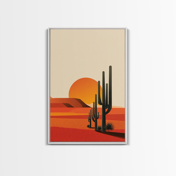 Orange Desert Sun With Tall Cactus Framed Canvas Print, Mid Century Modern Art, Minimal Southwest Decor, Warm Retro Poster