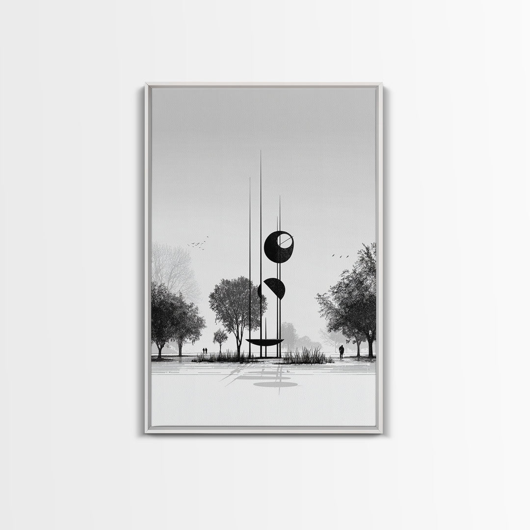 Black And White Modern Sculpture Wall Art, Minimalist Landscape Print, Contemporary Office Decor, Abstract Geometric Art