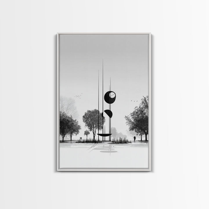 Black And White Modern Sculpture Wall Art, Minimalist Landscape Print, Contemporary Office Decor, Abstract Geometric Art