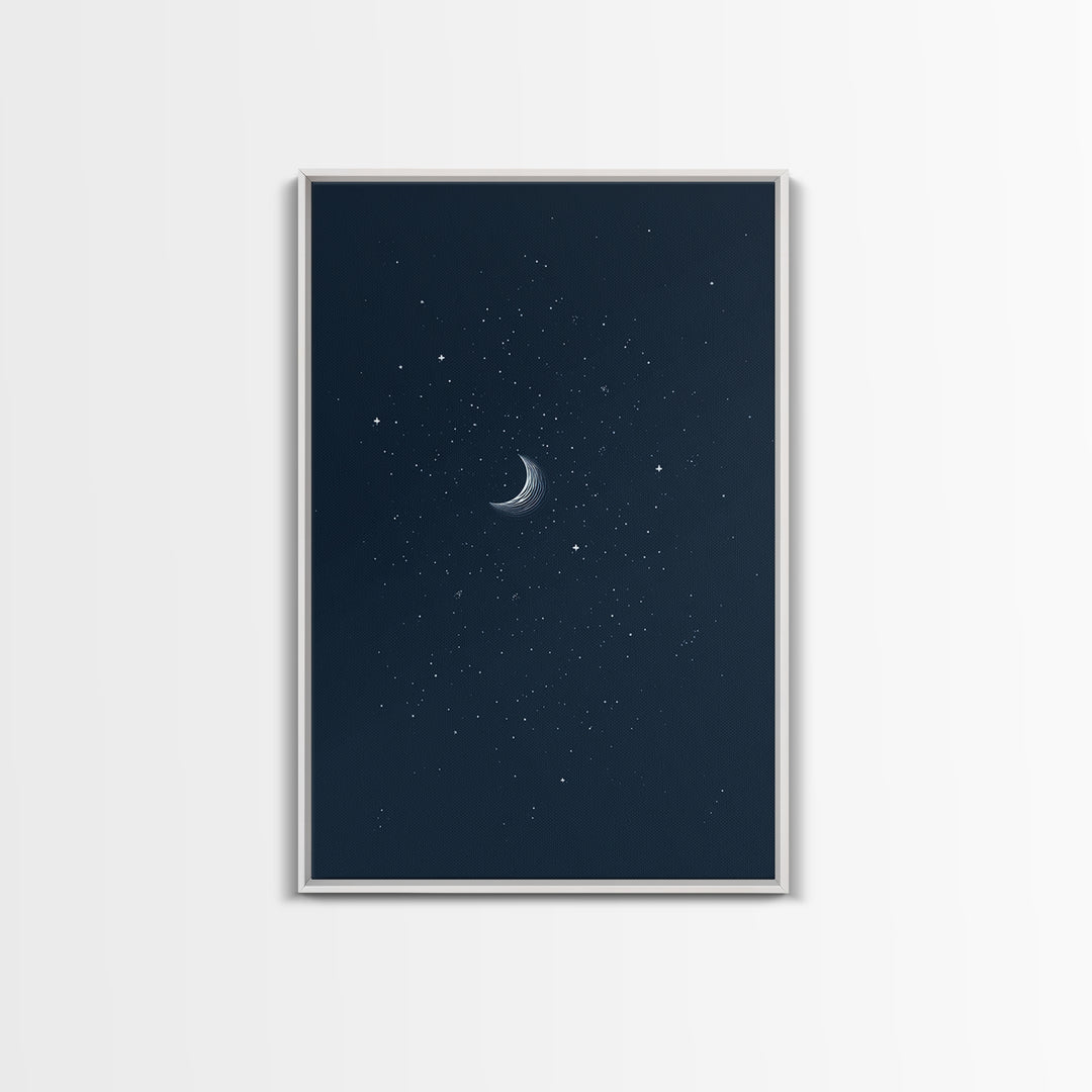 Navy Crescent Moon Starry Night Wall Art, Minimalist Celestial Print, Blue Bedroom Decor, Spiritual Modern Art Poster Gift
