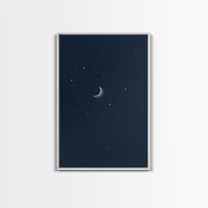 Navy Crescent Moon Starry Night Wall Art, Minimalist Celestial Print, Blue Bedroom Decor, Spiritual Modern Art Poster Gift