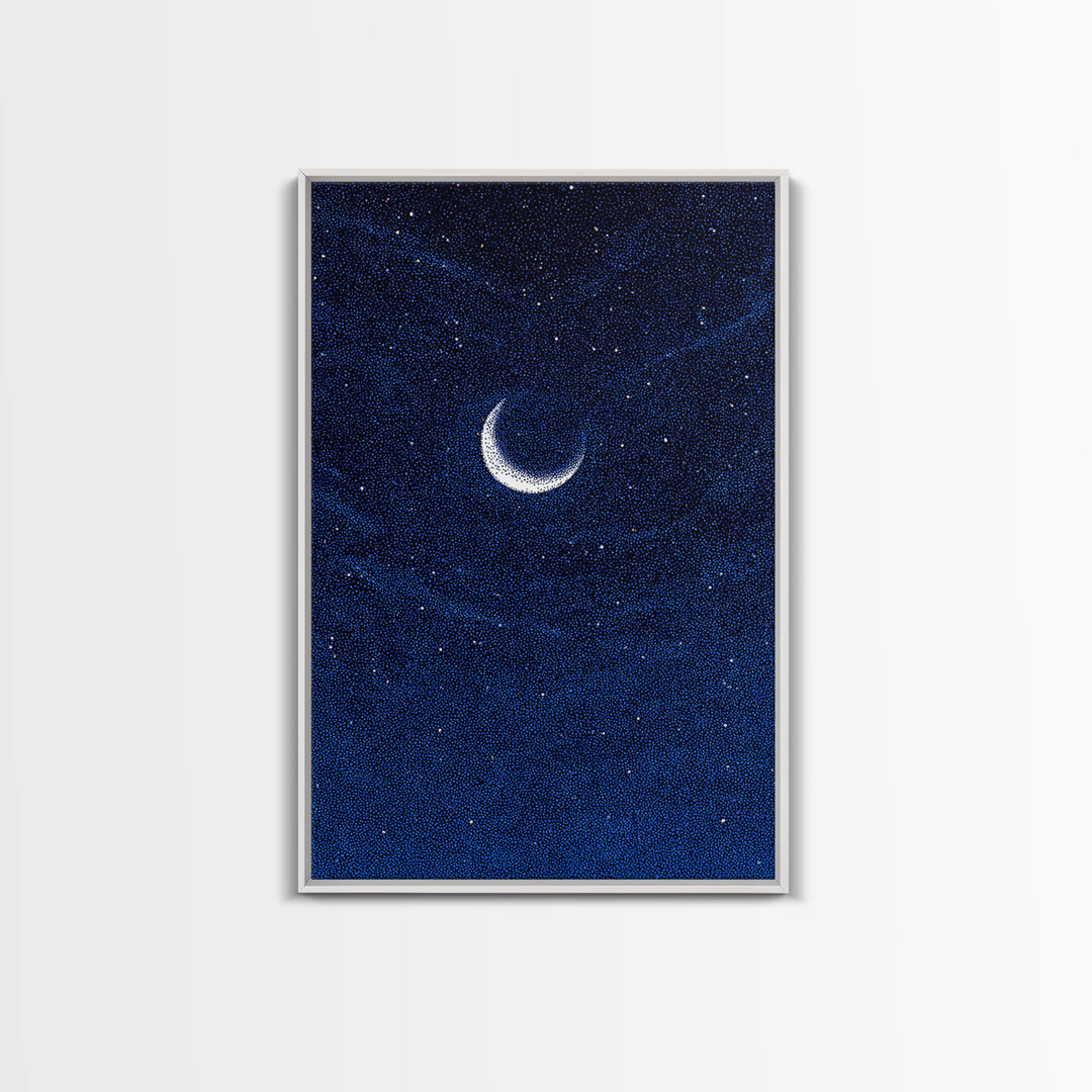 Deep Blue Crescent Moon Canvas Print, Starry Night Sky Wall Art, Minimalist Celestial Decor, Modern Bedroom Art Poster Print
