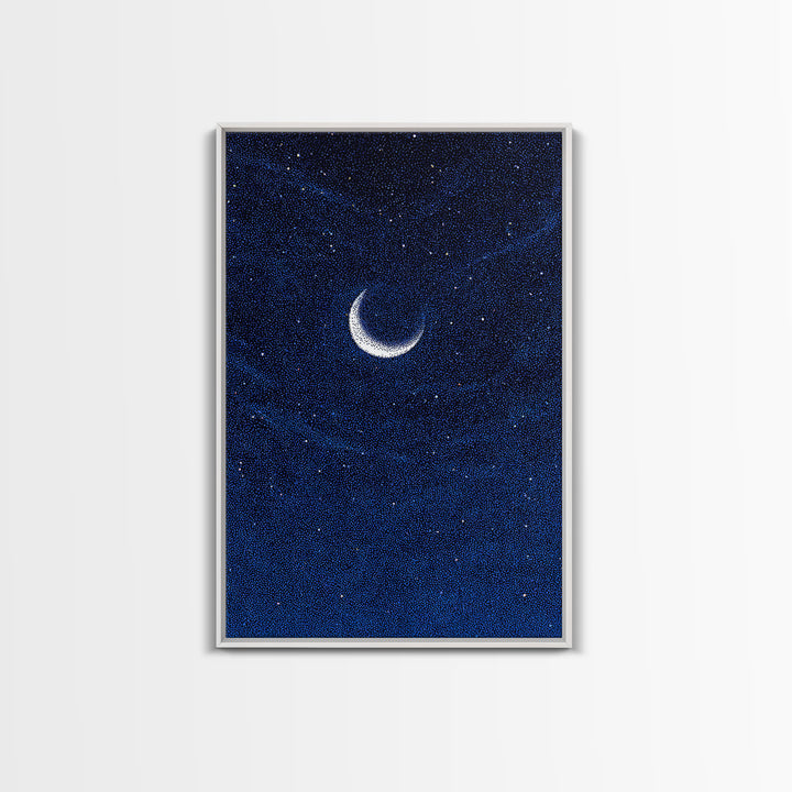 Deep Blue Crescent Moon Canvas Print, Starry Night Sky Wall Art, Minimalist Celestial Decor, Modern Bedroom Art Poster Print