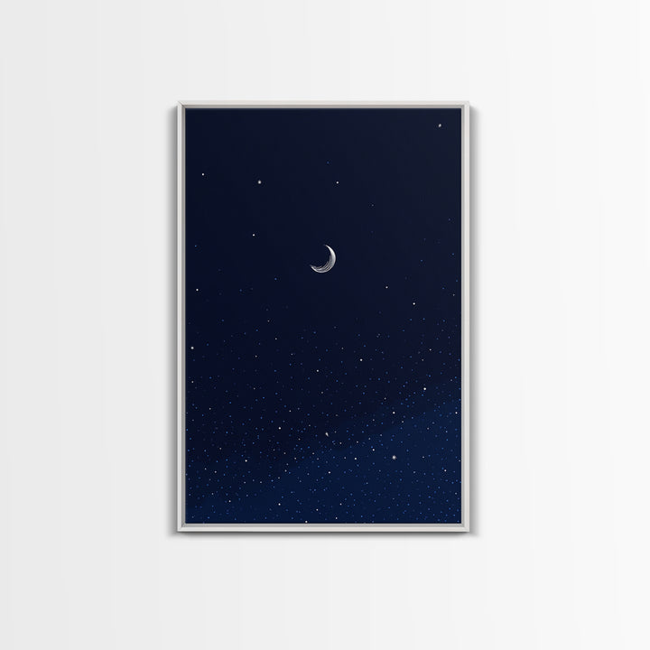 Dark Navy Crescent Moon Wall Art, Starry Sky Minimalist Print, Blue Celestial Decor, Modern Bedroom Poster, Spiritual Gift
