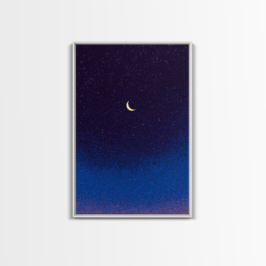 Purple Blue Crescent Moon Canvas Print, Starry Night Sky Wall Art, Celestial Bedroom Decor, Modern Spiritual Poster Gift
