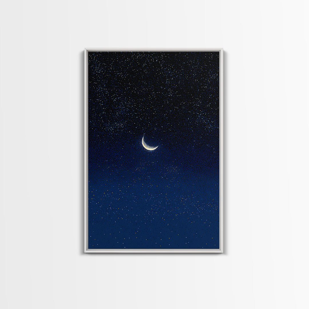 Glowing Crescent Moon Blue Star Field Canvas Print, Celestial Night Sky Poster, Modern Wall Decor, Dreamy Bedroom Art Print