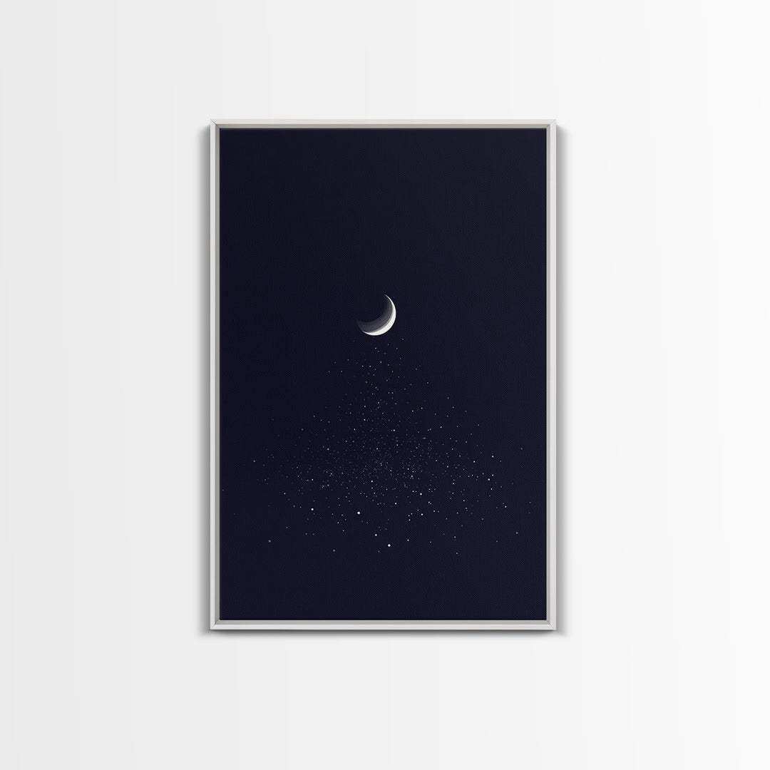 Silver Crescent Moon With Falling Stars Framed Canvas Print, Minimal Celestial Wall Decor, Navy Bedroom Art, Mystical Poster
