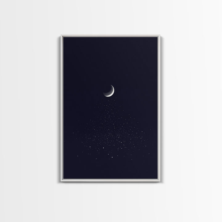 Silver Crescent Moon With Falling Stars Framed Canvas Print, Minimal Celestial Wall Decor, Navy Bedroom Art, Mystical Poster