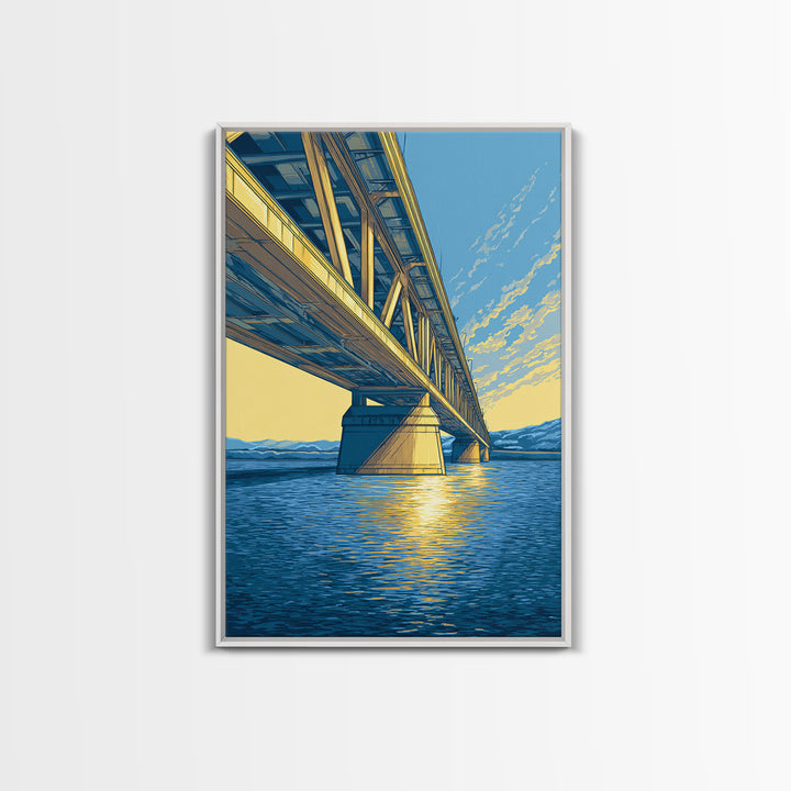 Blue Golden Bridge At Sunset Framed Canvas Print, Scenic Landscape Wall Art, Modern Coastal Decor, Lake House Art Print Gift