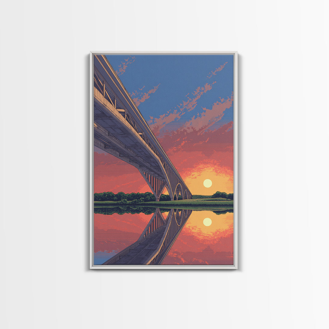 Sunset Bridge Reflection Wall Art, Pink Orange Sky Landscape Poster, Retro Travel Print, Modern Home Decor, Scenic Canvas Print