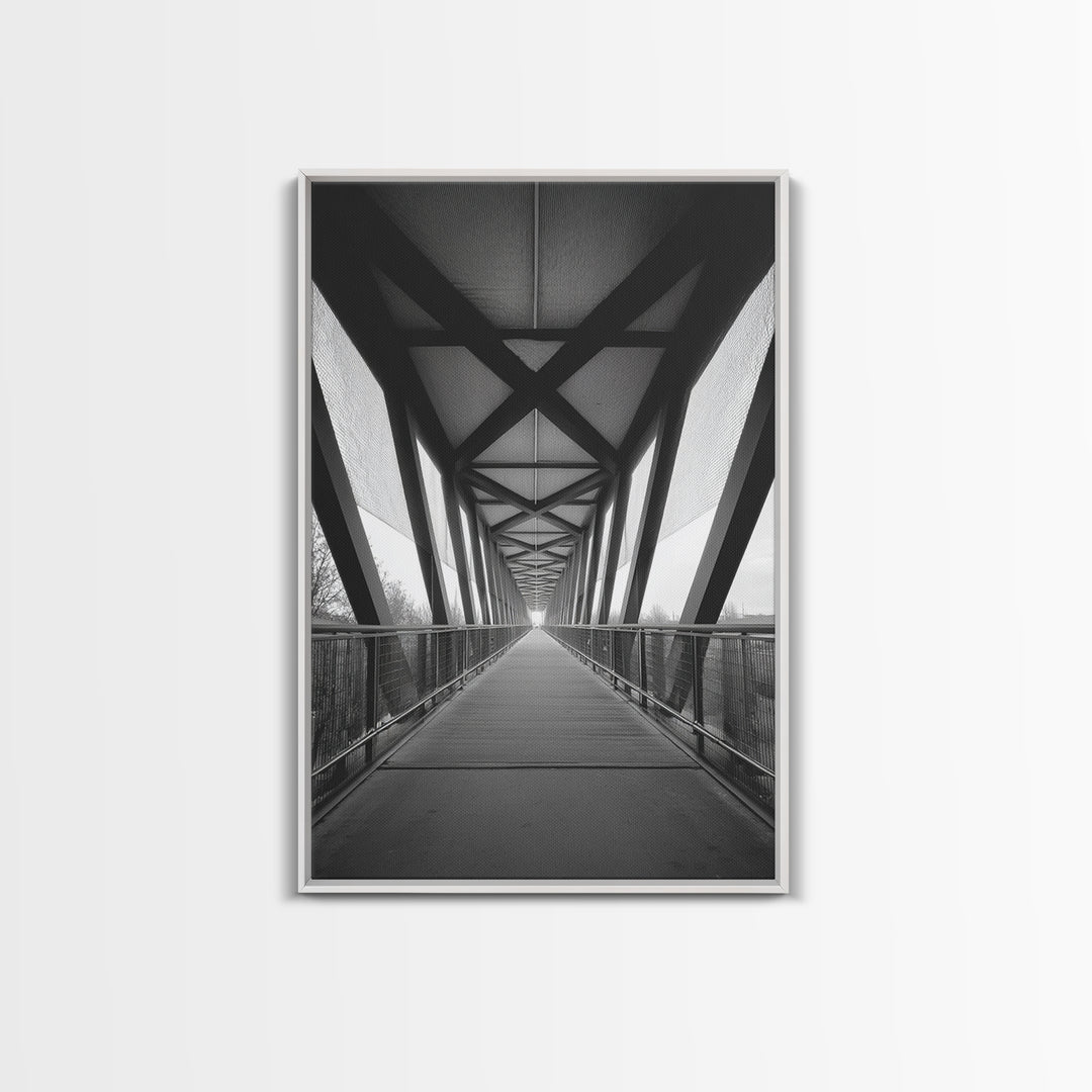 Black And White Pedestrian Bridge Wall Art, Architectural Perspective Print, Modern Office Decor, Minimalist Framed Canvas Print