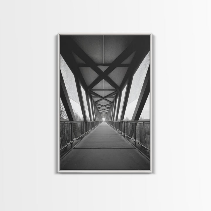 Black And White Pedestrian Bridge Wall Art, Architectural Perspective Print, Modern Office Decor, Minimalist Framed Canvas Print