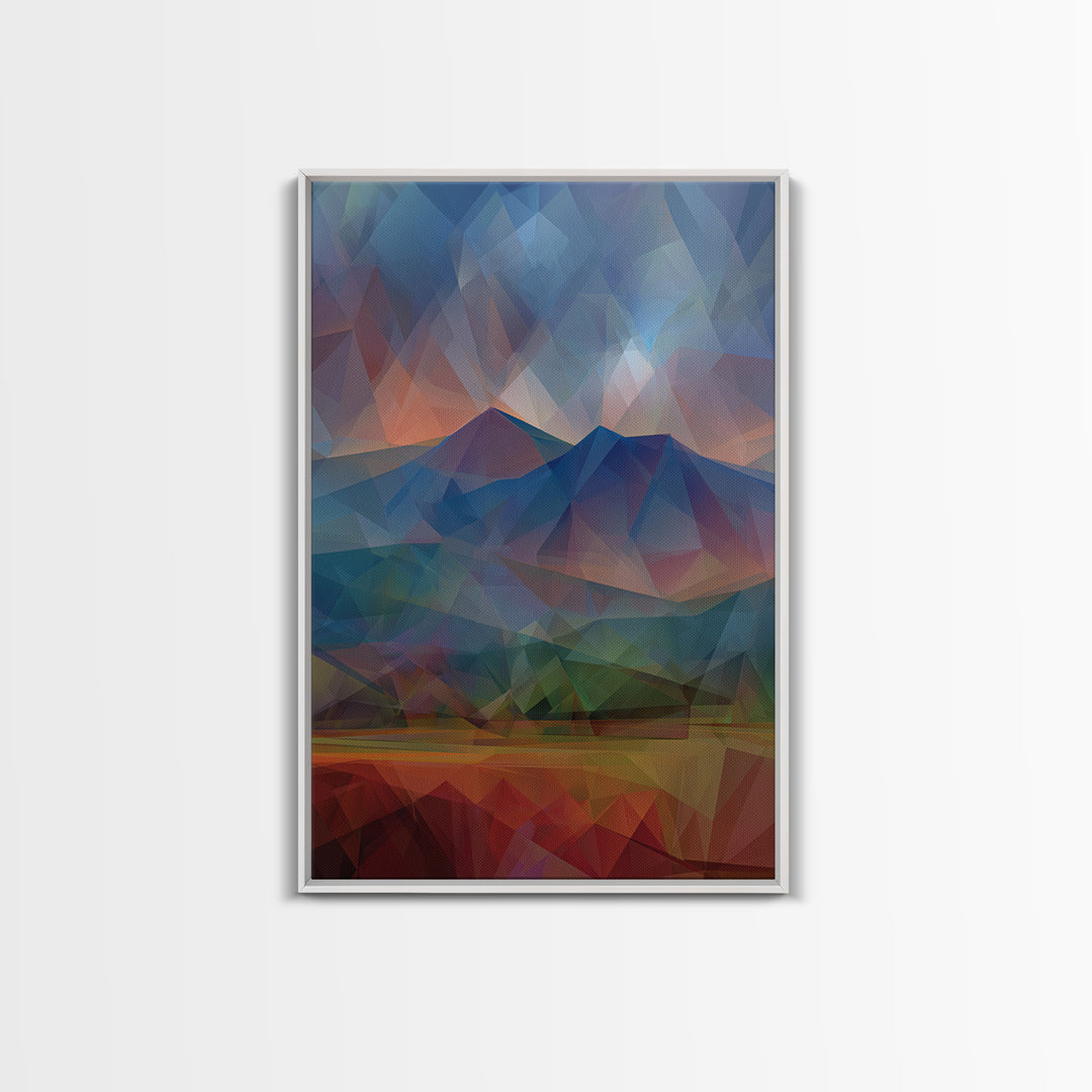 Low Poly Blue Mountain Peaks At Dusk Canvas Print, Abstract Landscape Wall Art, Modern Home Decor, Scenic Nature Poster Print