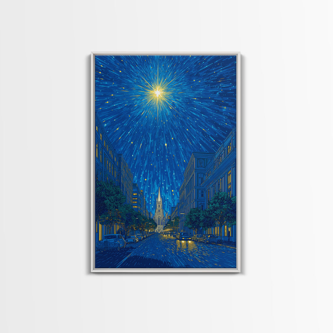 Radiant Starburst Above Blue City Street Canvas Print, Night Skyline Wall Art, Modern Travel Poster, Gothic Cathedral Decor
