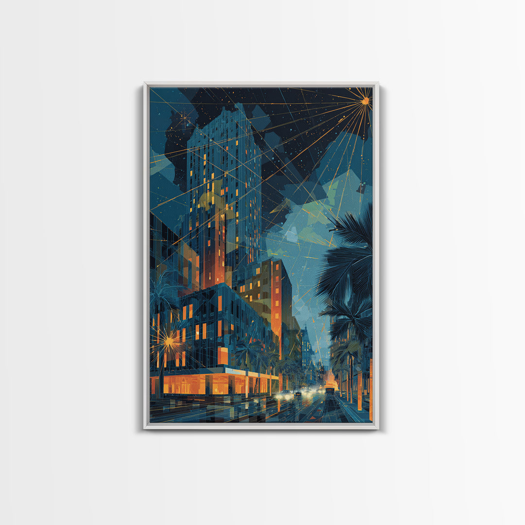 Glowing Art Deco Night City With Palms Wall Art, Mid Century Modern Poster, Retro Urban Decor, Blue Orange Living Room Print