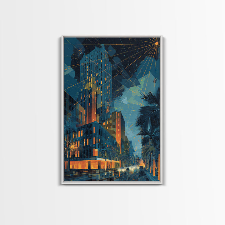 Glowing Art Deco Night City With Palms Wall Art, Mid Century Modern Poster, Retro Urban Decor, Blue Orange Living Room Print