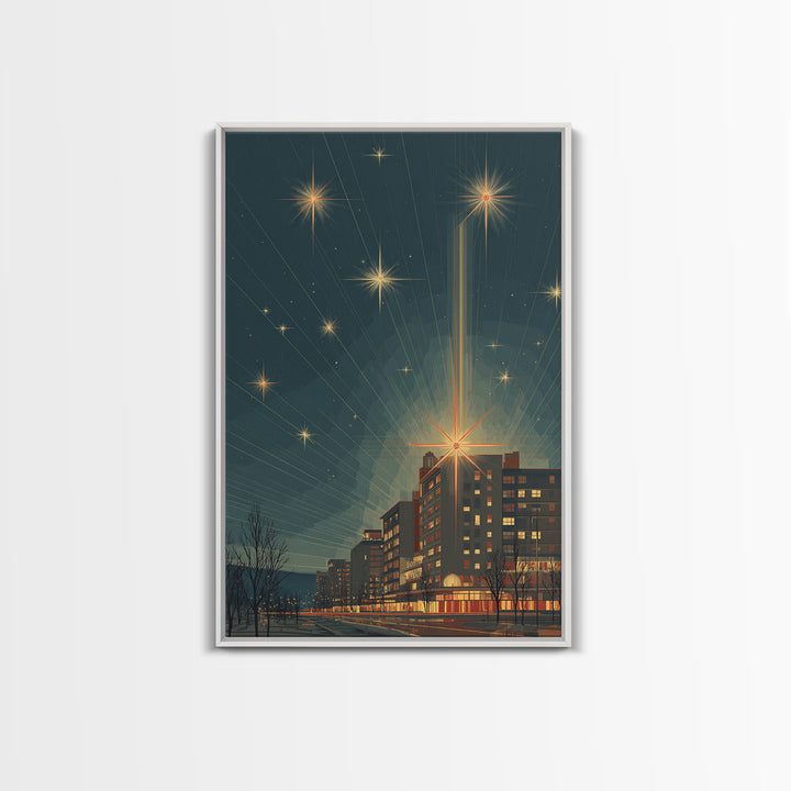 Radiant Starburst Skyline Over Waterfront Wall Art, Mid Century Modern City Print, Retro Night Decor, Office Poster Gift
