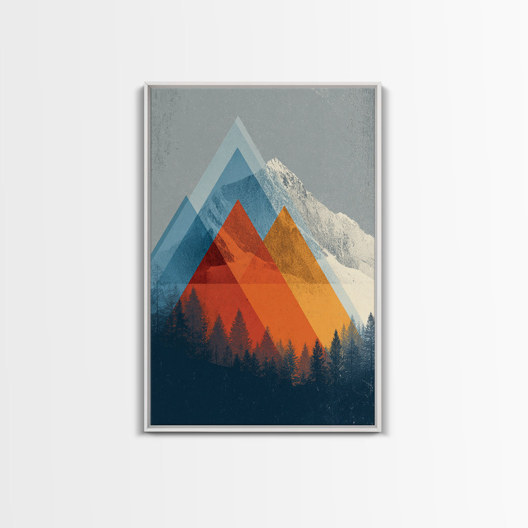 Snowy Alpine Peak With Orange Blue Triangles Framed Canvas Print, Mid Century Modern Wall Art, Forest Landscape Decor Print