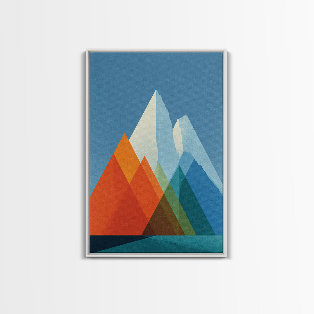 Minimalist Blue And Orange Mountain Triangles Wall Art, Mid Century Modern Canvas Print, Geometric Landscape Home Decor Gift