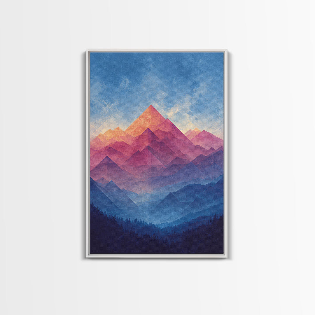 Pink And Blue Layered Mountain Sunset Wall Art, Mid Century Modern Abstract Landscape Print, Colorful Bedroom Decor Gift