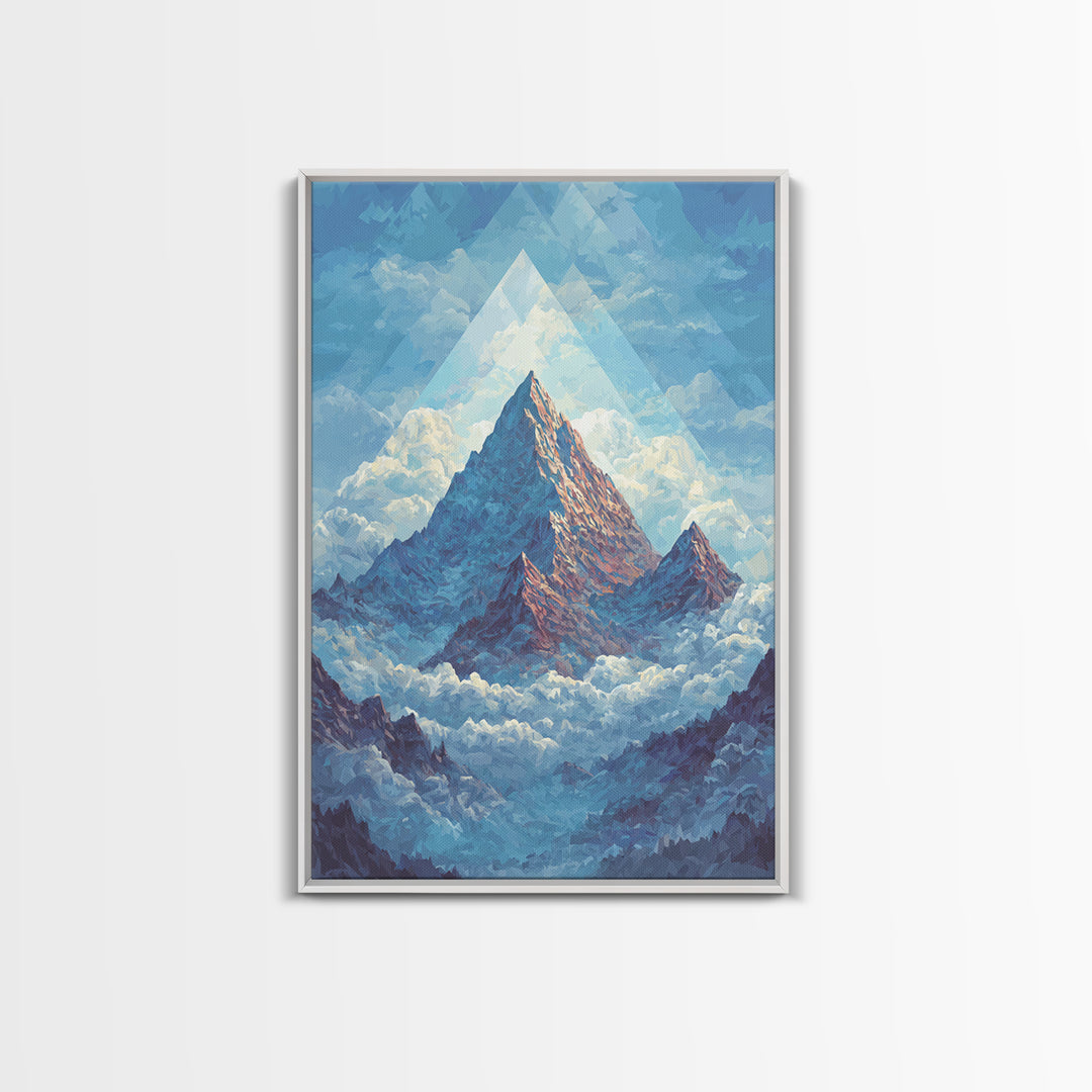 Snowy Peak Rising Above Clouds Framed Canvas Print, Mid Century Modern Wall Art, Blue Mountain Landscape Office Decor Poster