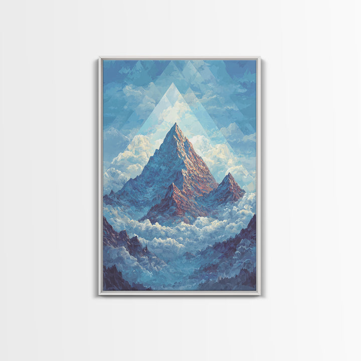 Snowy Peak Rising Above Clouds Framed Canvas Print, Mid Century Modern Wall Art, Blue Mountain Landscape Office Decor Poster