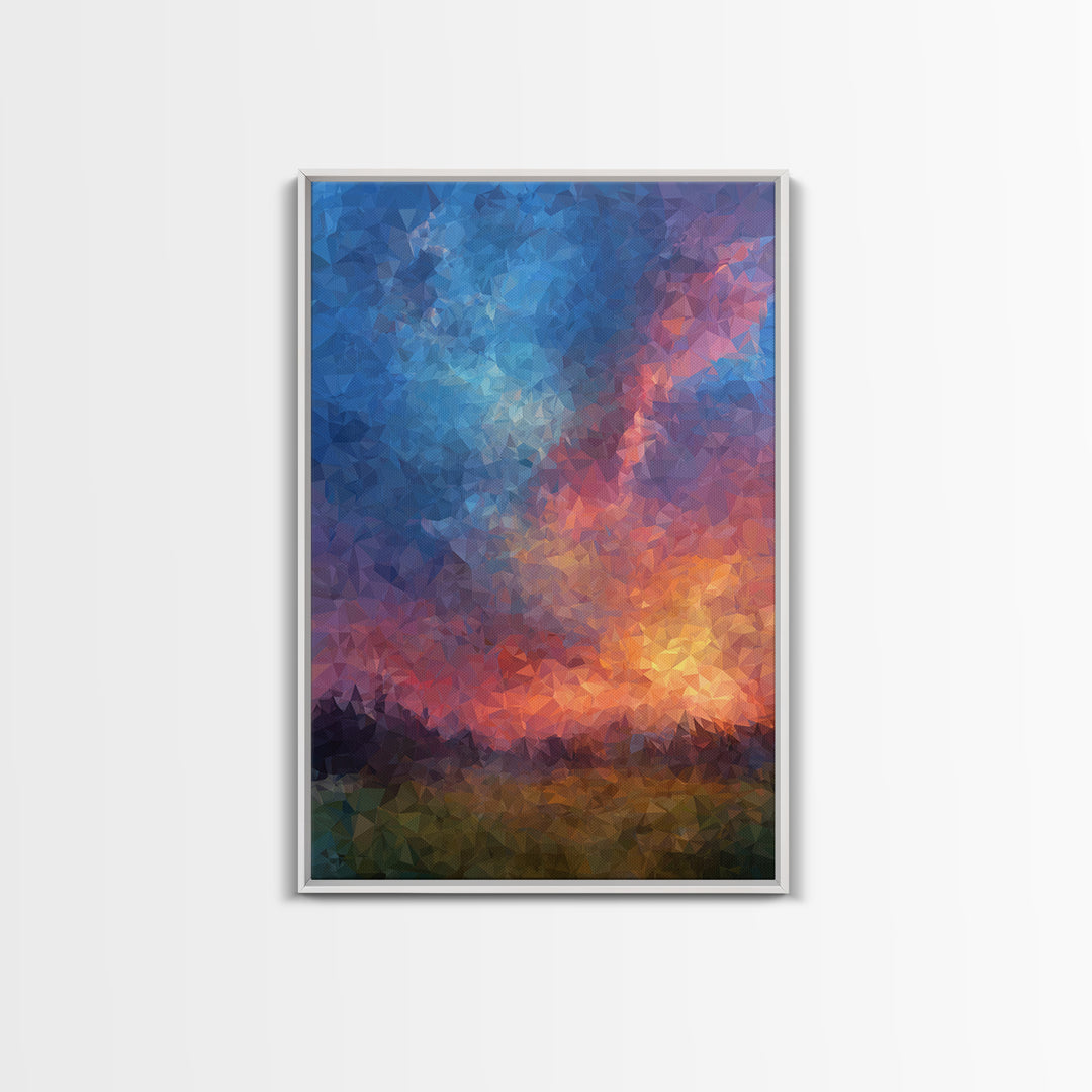 Polygon Sunset Sky With Blue Pink Clouds Wall Art, Colorful Landscape Poster, Abstract Nature Art, Modern Bedroom Decor Print