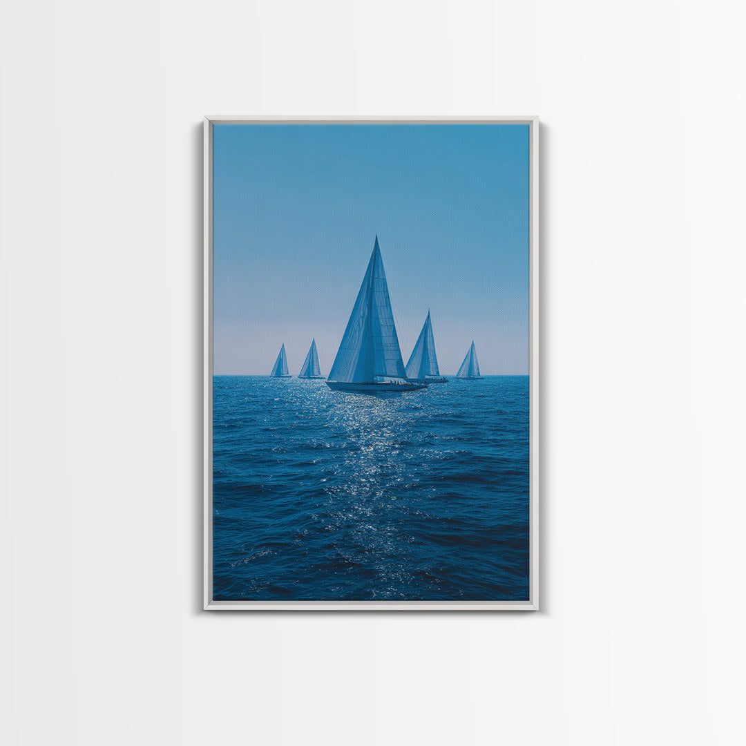 Blue Sailboats On Sparkling Ocean Wall Art, Mid Century Modern Canvas Print, Nautical Coastal Decor, Beach House Poster Gift