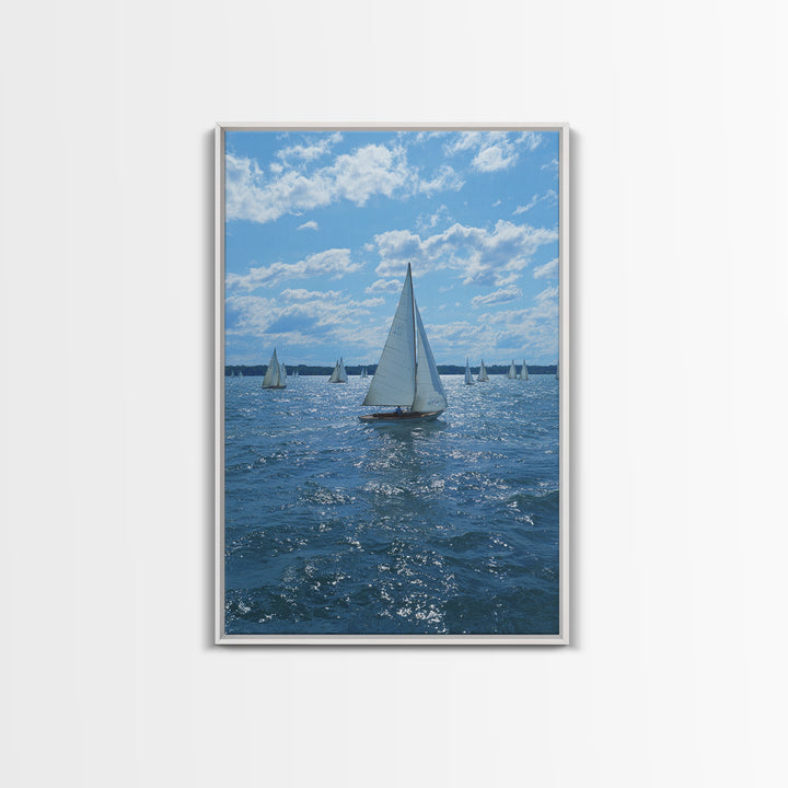 White Sailboats On Sparkling Blue Lake Wall Art, Coastal Travel Poster, Nautical Living Room Decor, Boat Lover Gift, Office Decor