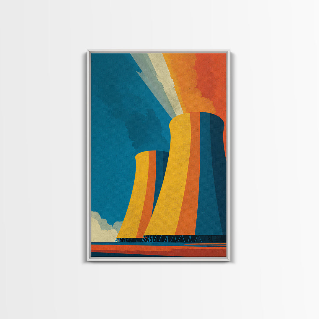 Orange Teal Cooling Towers Canvas Print, Industrial Architecture Wall Art, Retro Modern Decor, Bold Energy Poster, Office Statement Piece