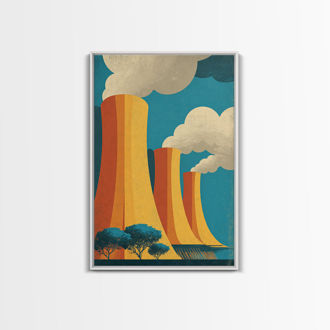 Three Orange Cooling Towers With Steam Framed Canvas Print, Industrial Wall Art, Retro Modern Decor, Power Plant Posters