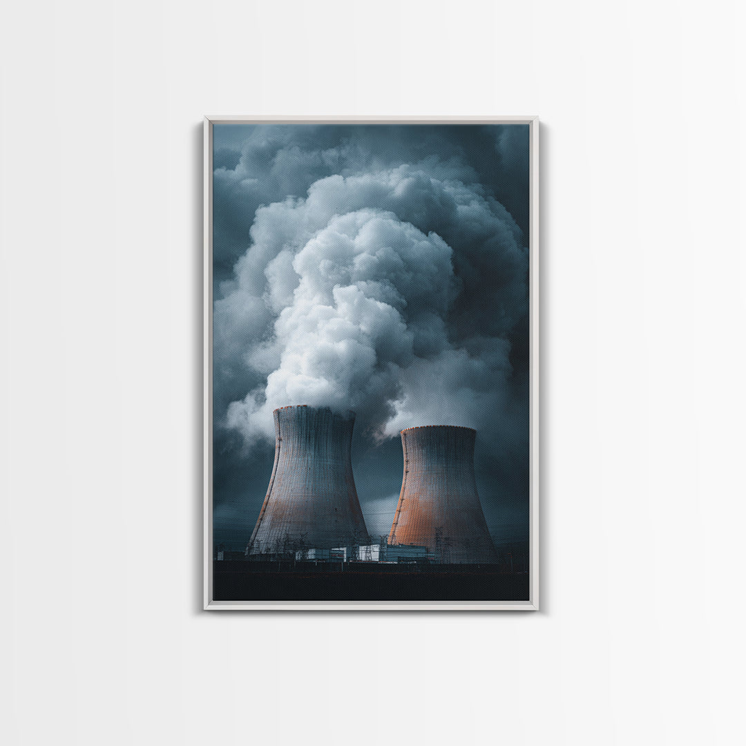 Dark Cooling Towers Under Storm Clouds Wall Art, Industrial Photography Print, Modern Office Decor, Dramatic Power Plant