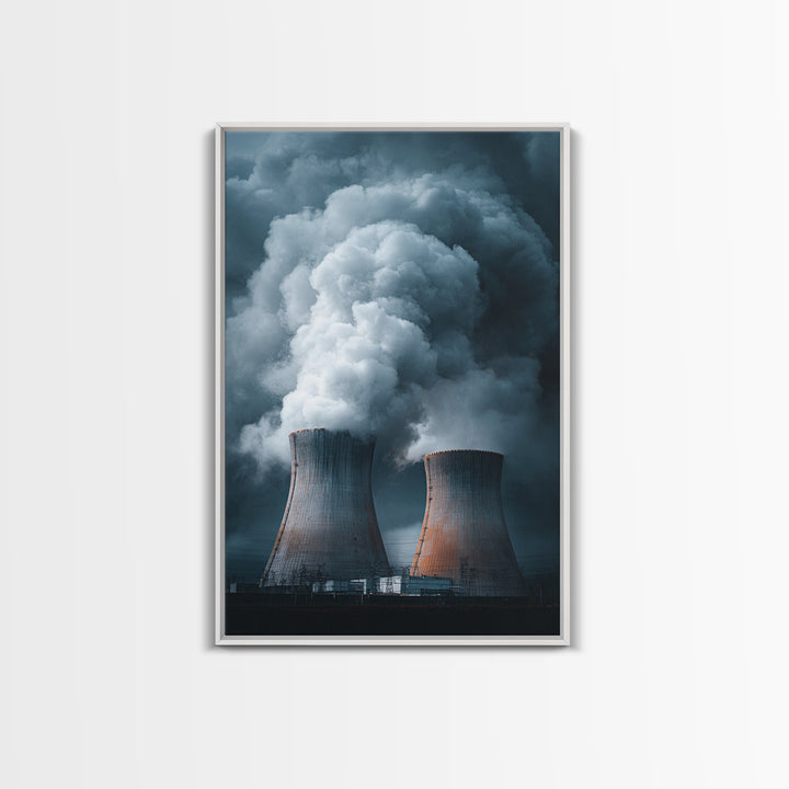 Dark Cooling Towers Under Storm Clouds Wall Art, Industrial Photography Print, Modern Office Decor, Dramatic Power Plant