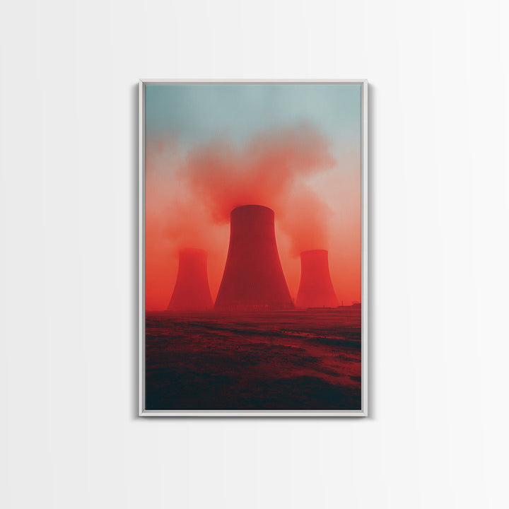 Red Fog Cooling Towers At Dusk Canvas Print, Industrial Landscape Wall Art, Moody Modern Decor, Power Plant Poster, Statement Piece