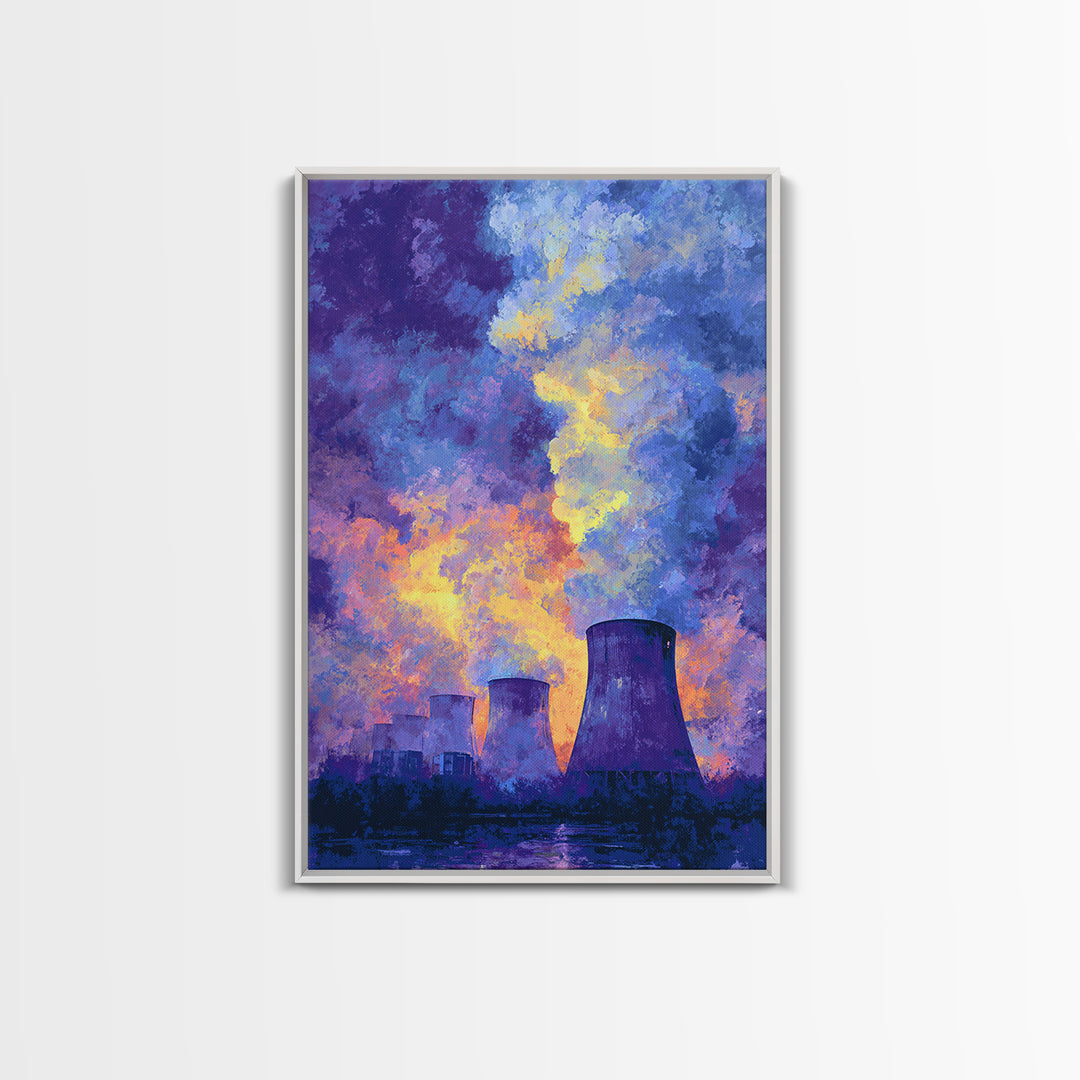 Purple Sunset Cooling Towers With Colorful Smoke Wall Art, Industrial Modern Art Print, Dramatic Office Decor, Energy Poster