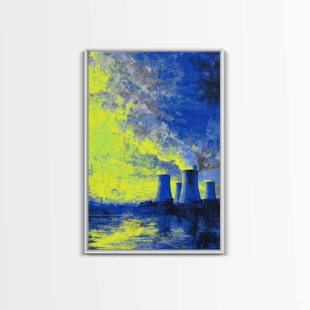 Blue Yellow Power Plant Across Water Canvas Print, Industrial Wall Art, Modern Abstract Decor, Bold Office Poster, Statement Piece