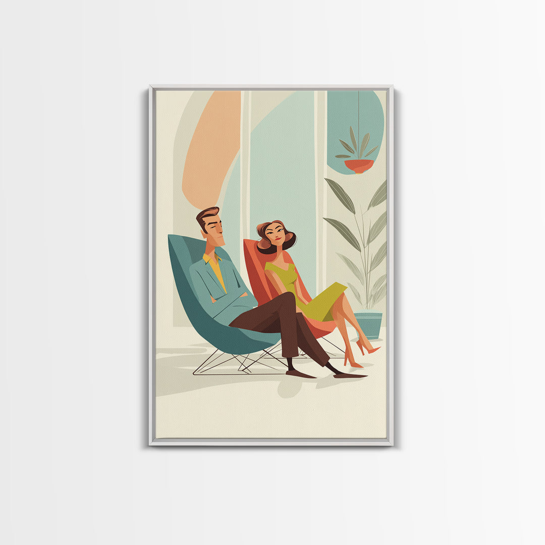 Elegant Midcentury Couple In Teal Chair Framed Canvas Print, Modern Wall Art, Retro Home Decor, MCM Gallery Wall Print Gift