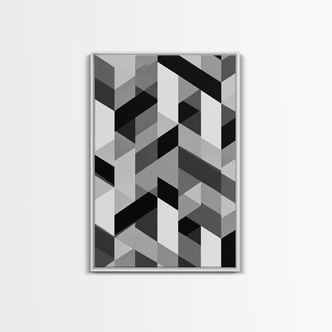 Grayscale Cubist Geometric Pattern Wall Art, Modern Abstract Art Print, Black White Office Decor, MCM Home Decor Canvas Print