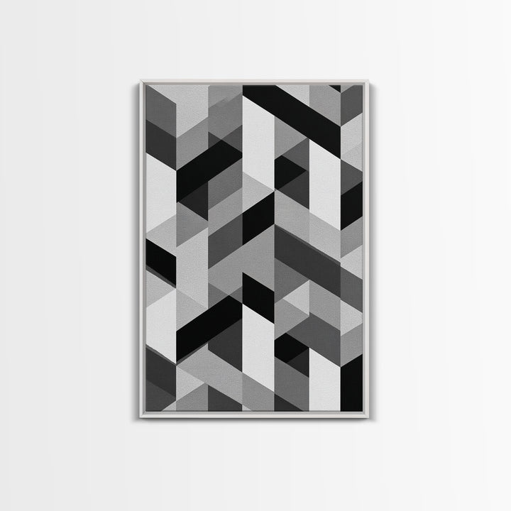 Grayscale Cubist Geometric Pattern Wall Art, Modern Abstract Art Print, Black White Office Decor, MCM Home Decor Canvas Print